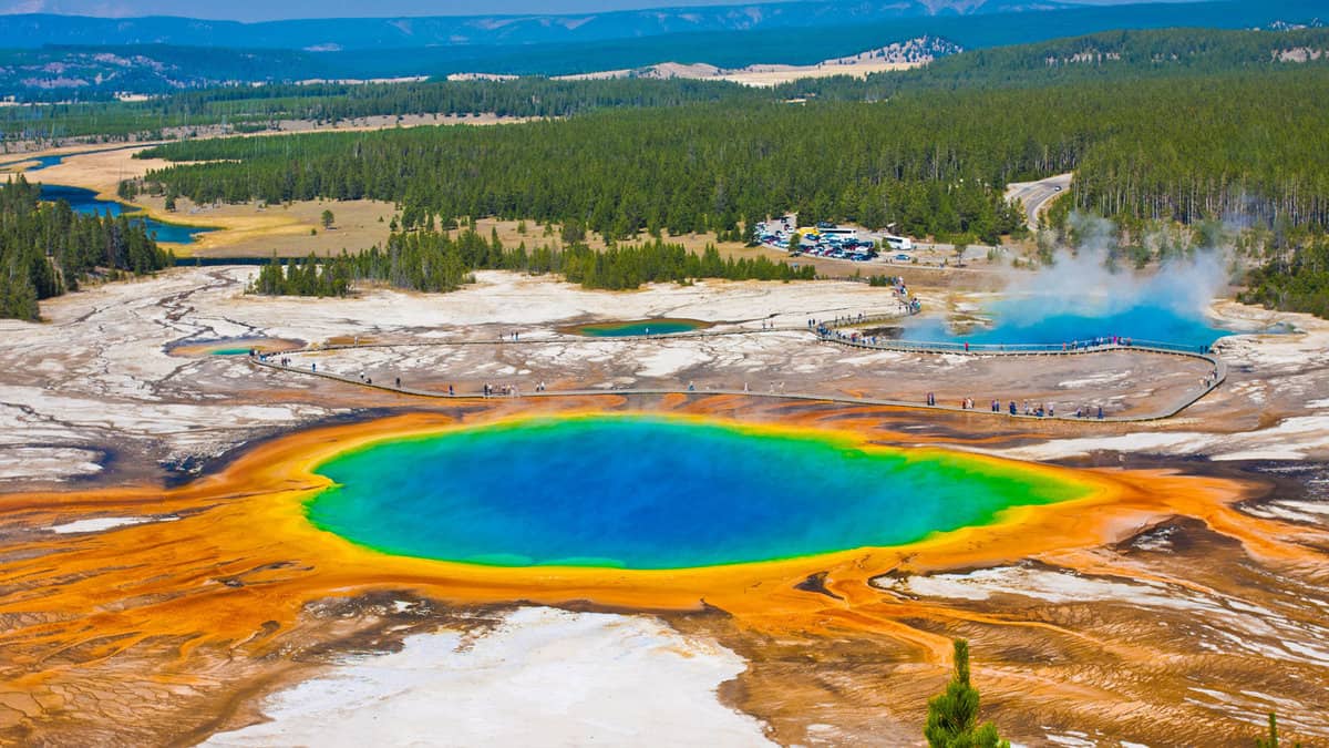 Aerial photo of the Grand Prismatic Spring, Yellowstone's Grand Prismatic Spring The Largest Hot Spring in the United States - 1600x900