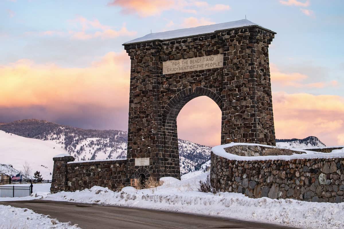 Roosevelt arch covered in snow 