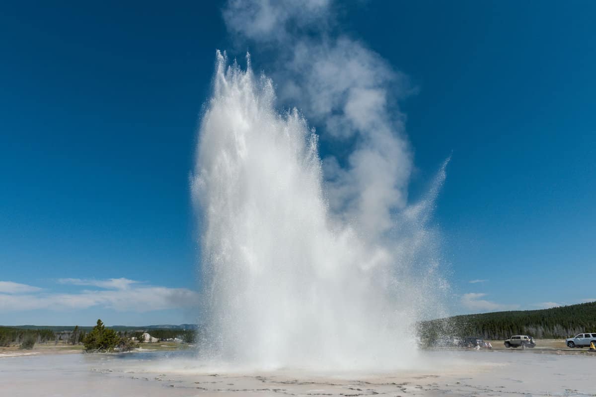 Steam and hot water coming out of the Great Fountain Geyser