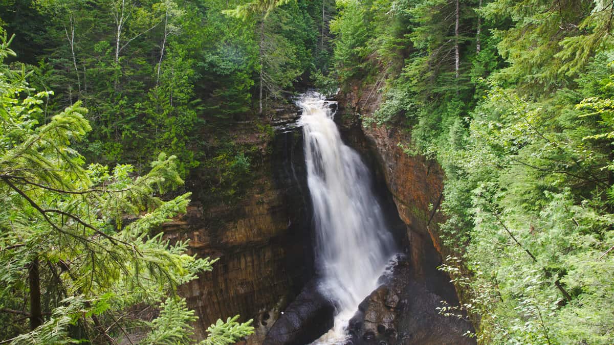 A waterfall runs through a dense forest at Voyageurs National Park in Minnesota