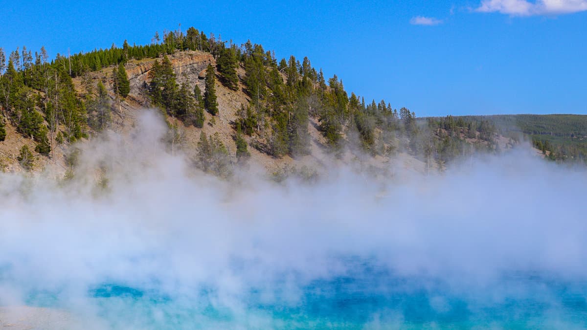 Blue spring with steam at Mud Volcano in Yellowstone National Park 1600x900