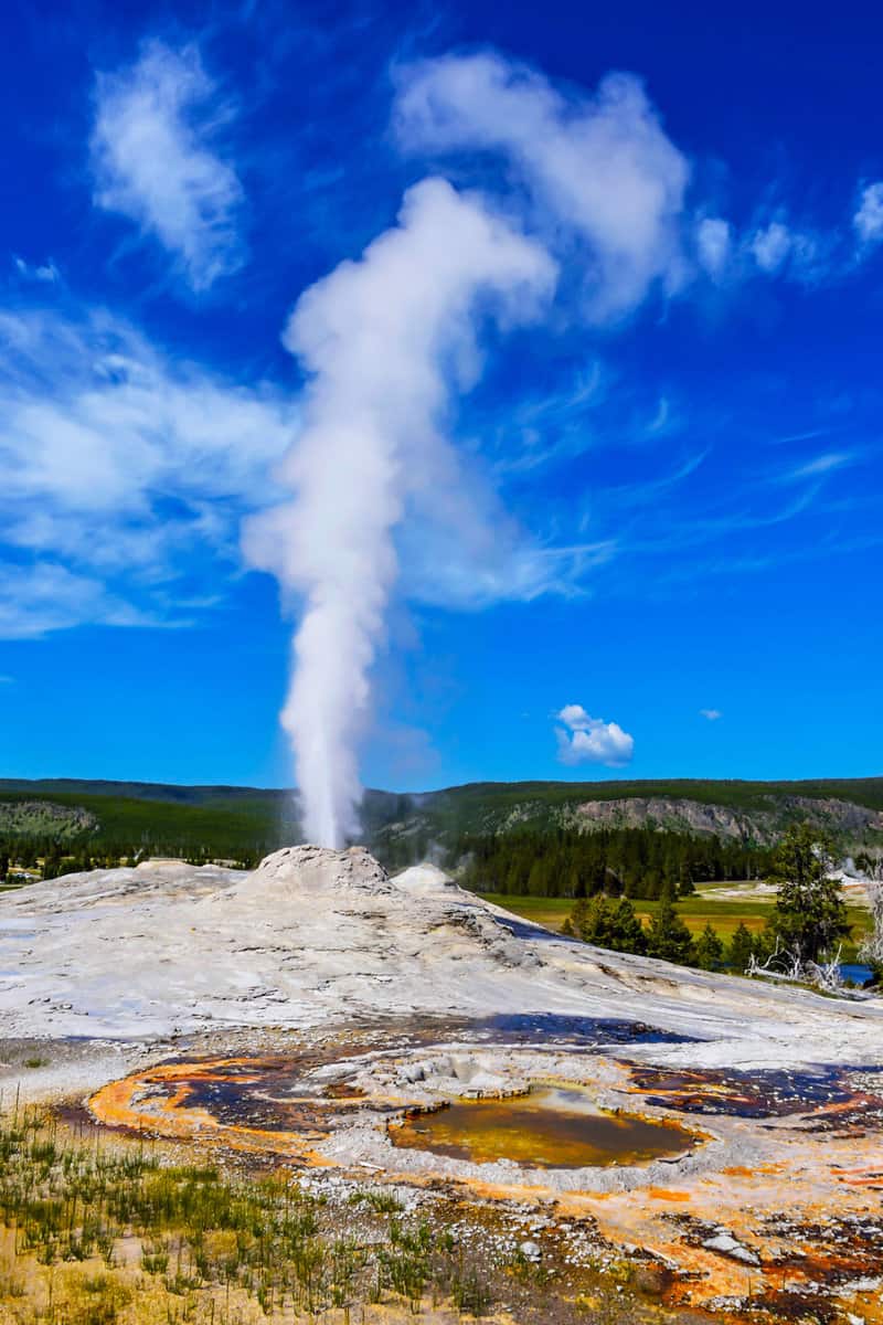 Castle geyser in the Old Faithful area of Yellowstone National Park erupting