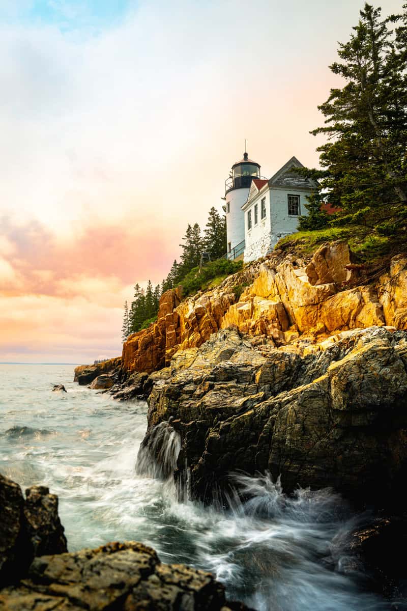 Dramatic seascape with Bass Harbor Head Light Station in Tremont, Acadia National Park, Maine