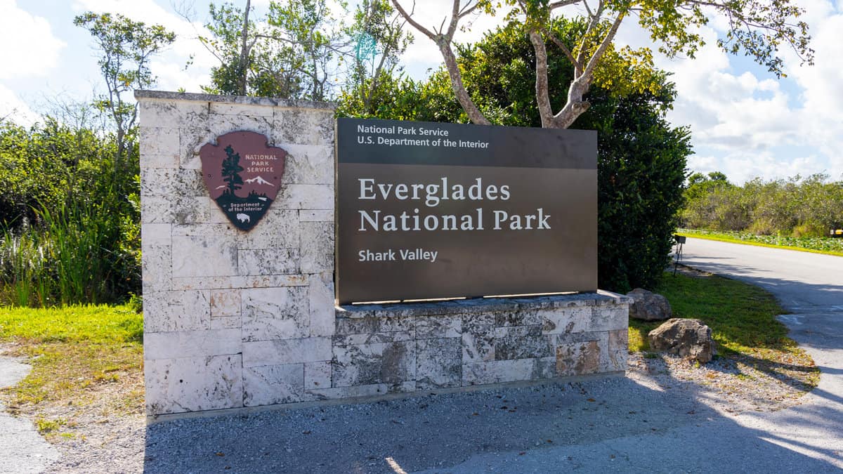 Everglades National Park sign is shown in Florida, USA. Everglades National Park is a 1.5-million-acre wetlands preserve