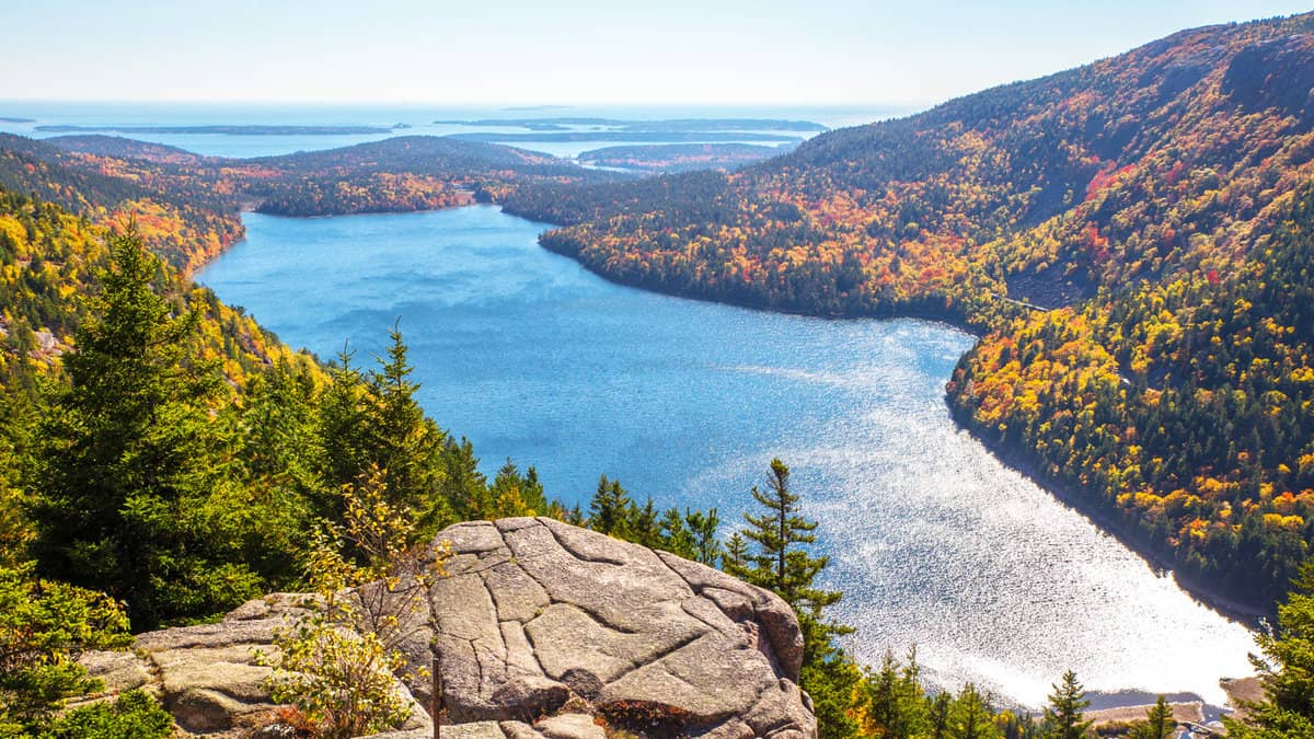 Jordan Pond panorama from atop North Bubble trail in Acadia National Park Maine