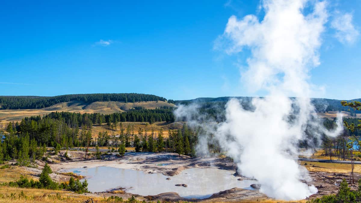 Steam rising high into the sky in the Mud Volcano Area in Yellowstone National Park