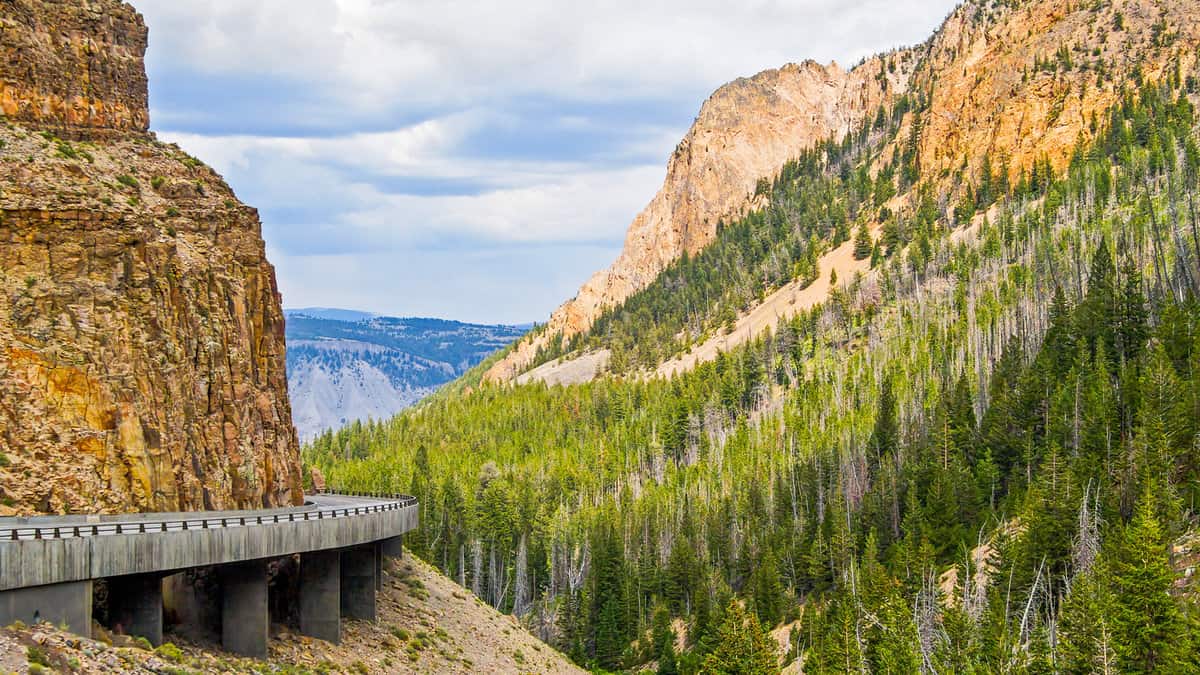Yellowstone's Grand Loop Road passes through the Golden Gate surrounded by steep and colorful volcanic rocky walls