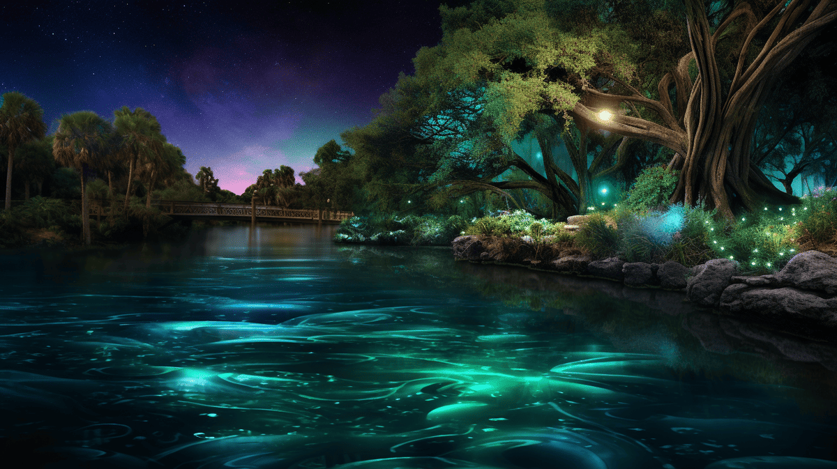 hyperrealistic nighttime scene on an Orlando riverbank, showcasing the enchanting bioluminescence