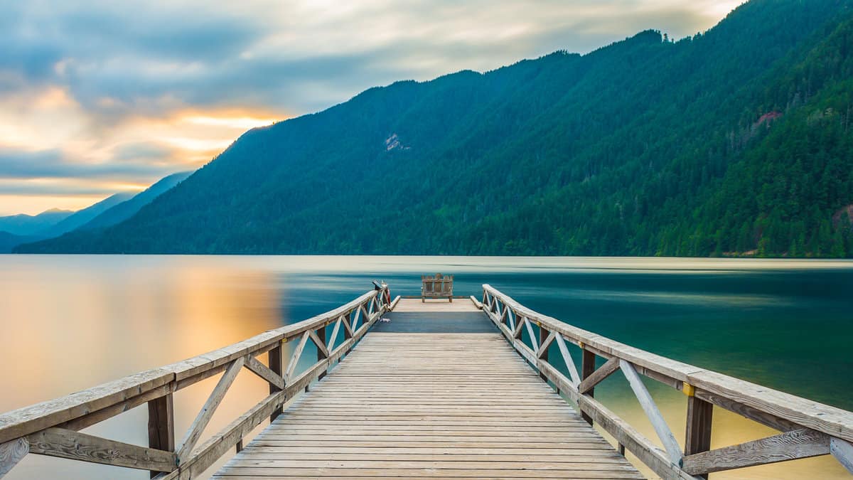 scenic view of dock in lake Crescent in Olympic national park,Washington State.Usa