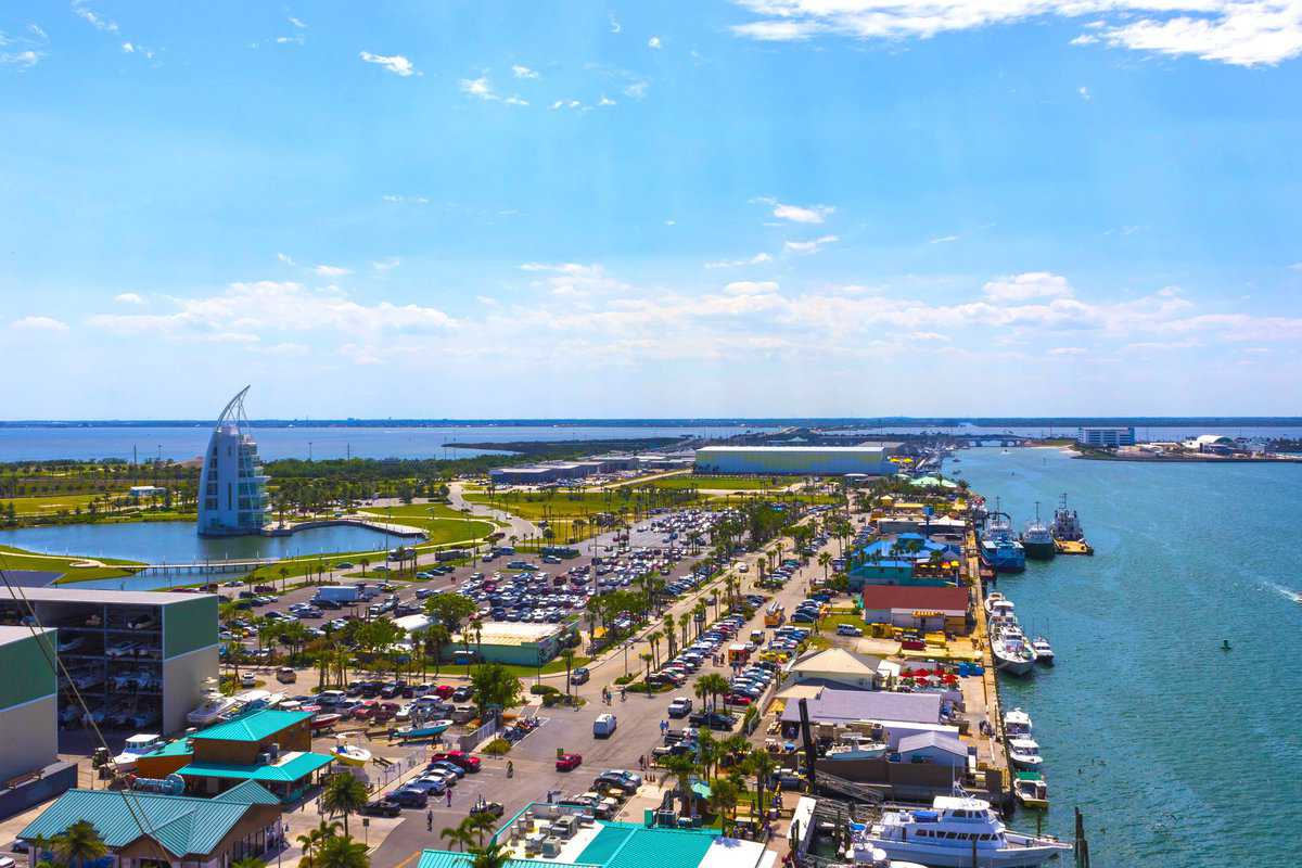 The aerial view of port Canaveral from cruise ship, docked in Port Canaveral, Brevard County, Florida
