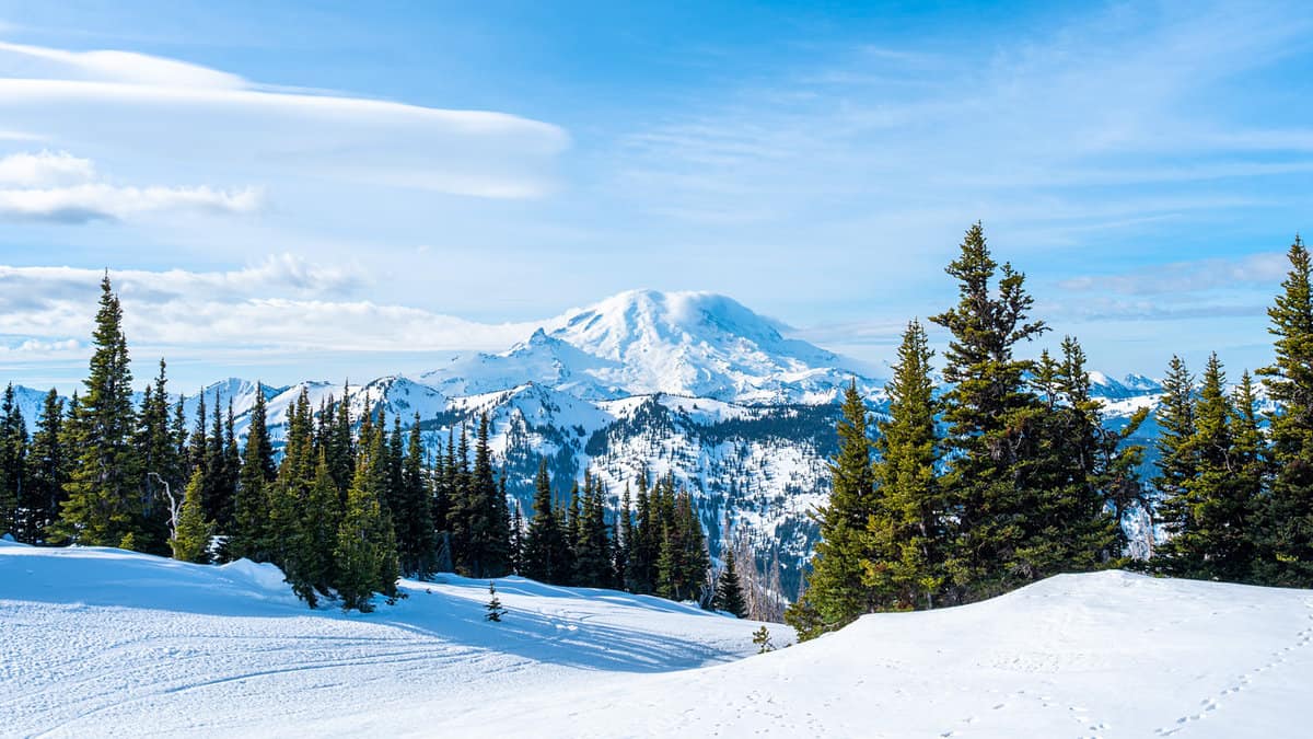 A panoramic view of Mt Rainier from a snowy trail on a sunny winter day
