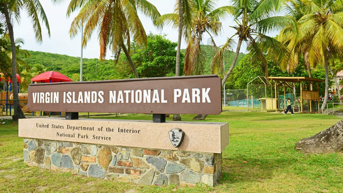 Virgin Islands National Park entrance sign at Saint John Island, US Virgin Islands, USA