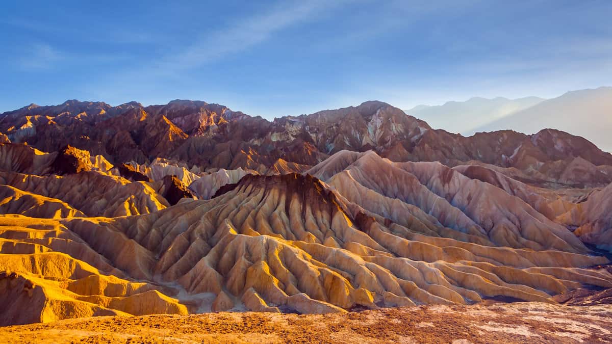 Zabriskie Point is part of the Amargosa Range. Death Valley in California, USA. Magnificent landscape and a variety of shades