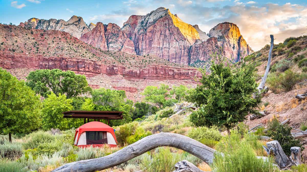 Zion National Park in Utah with tent camp site at Watchman Campground by rocks, plants trees and view of cliffs at sunset
