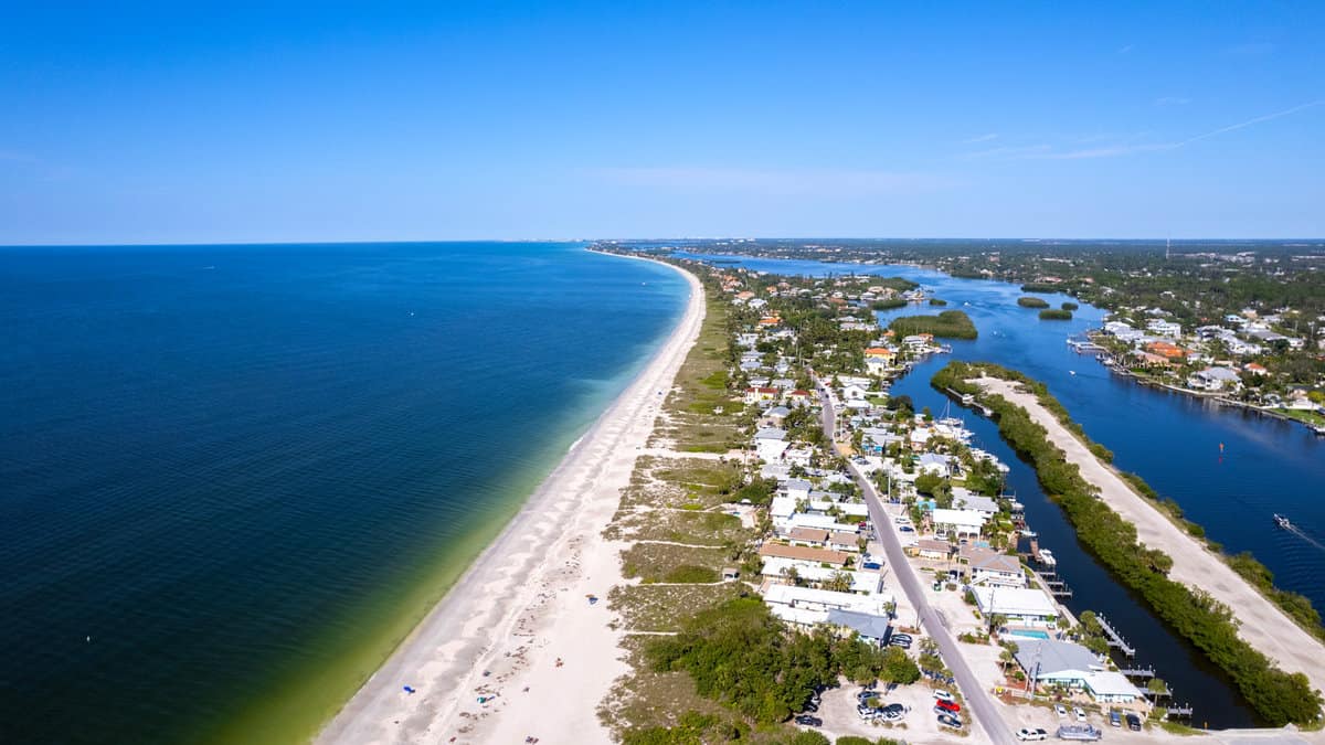 Aerial Drone Nokomis Beach. Gulf of Mexico on Casey Key in Nokomis Florida, United States