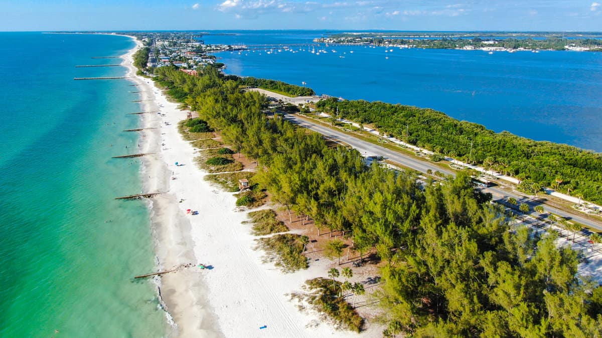 Aerial view of Anna Maria Island, white sand beaches and blue water, barrier island on Florida Gulf Coast1600x900