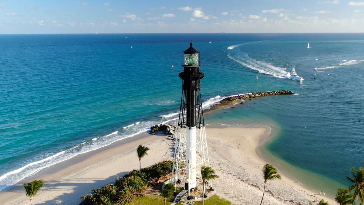 Drone photo of Hillsboro Lighthouse in Pompano Beach, Florida built in 1907