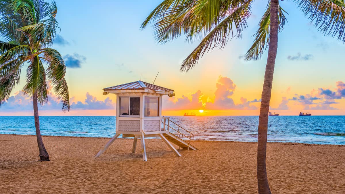 Fort Lauderdale, Florida, USA beach and life guard tower at sunrise
