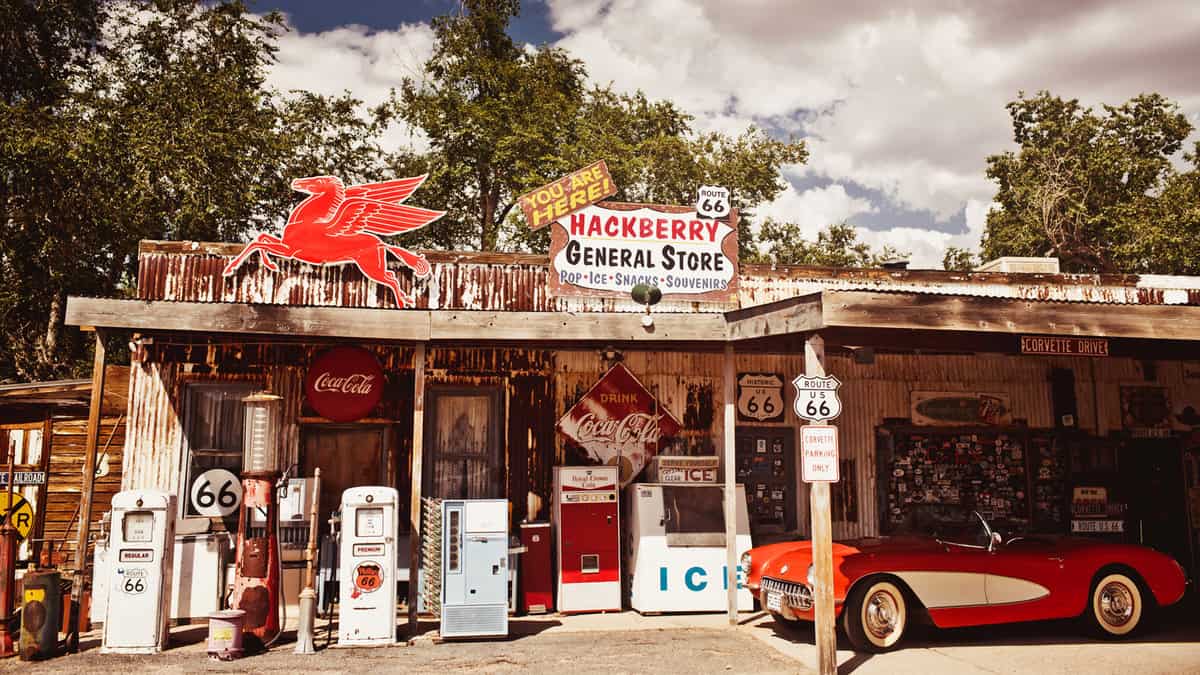 Hackberry General Store with a 1957 red Corvette car in front on August 3, 2012 in Hackberry , Arizona, USA. Hackberry General Store is a popular museum of old Route 66