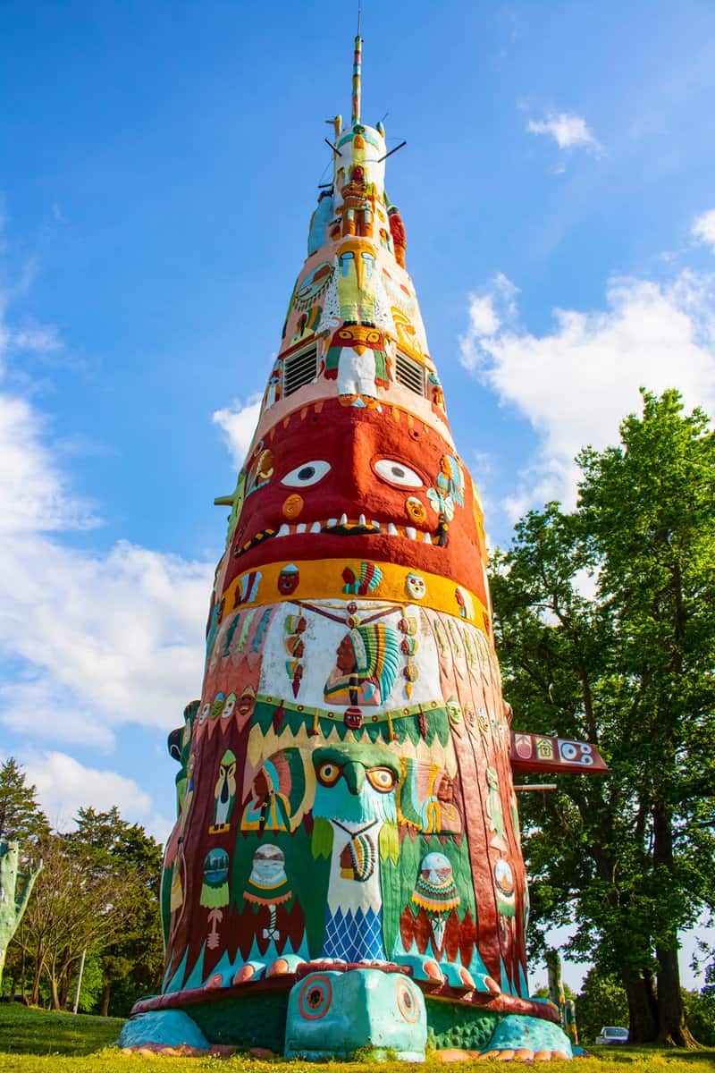 Main totem pole in Ed Galloways Totem Pole Park near Route 66 featuring Native American and Folk Art Foyil Oklahoma