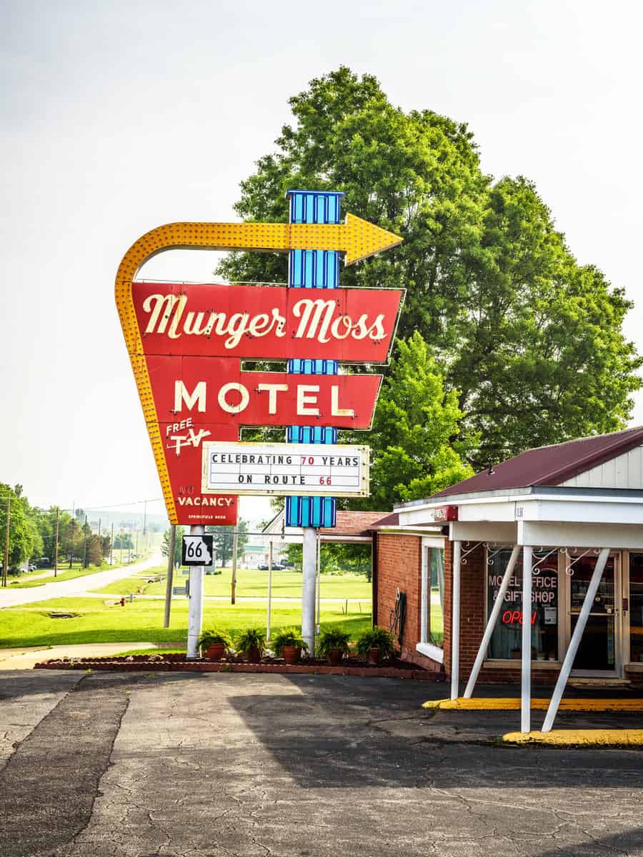 Munger Moss Motel and its vintage neon sign on historic Route 66 in Missouri