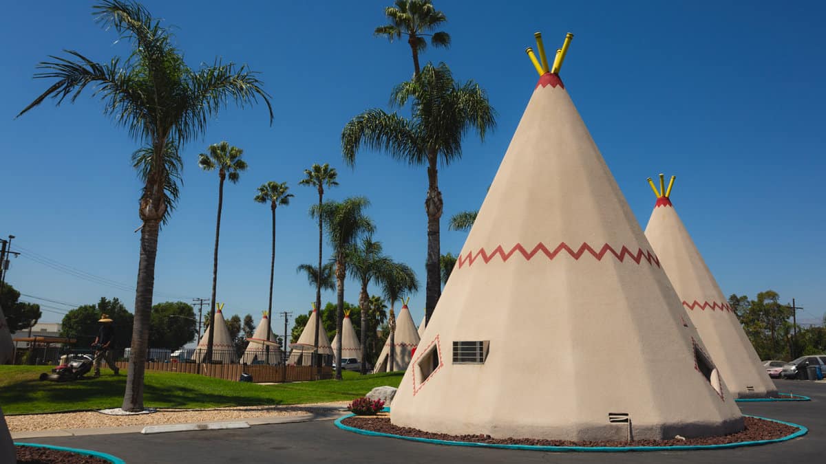 Rooms, looking like teepees, at the historic Wigwam Motel on Route 66.