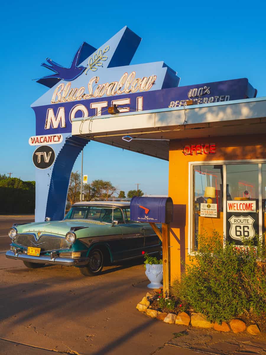Sunrise at the historic Blue Swallow Motel on Route 66