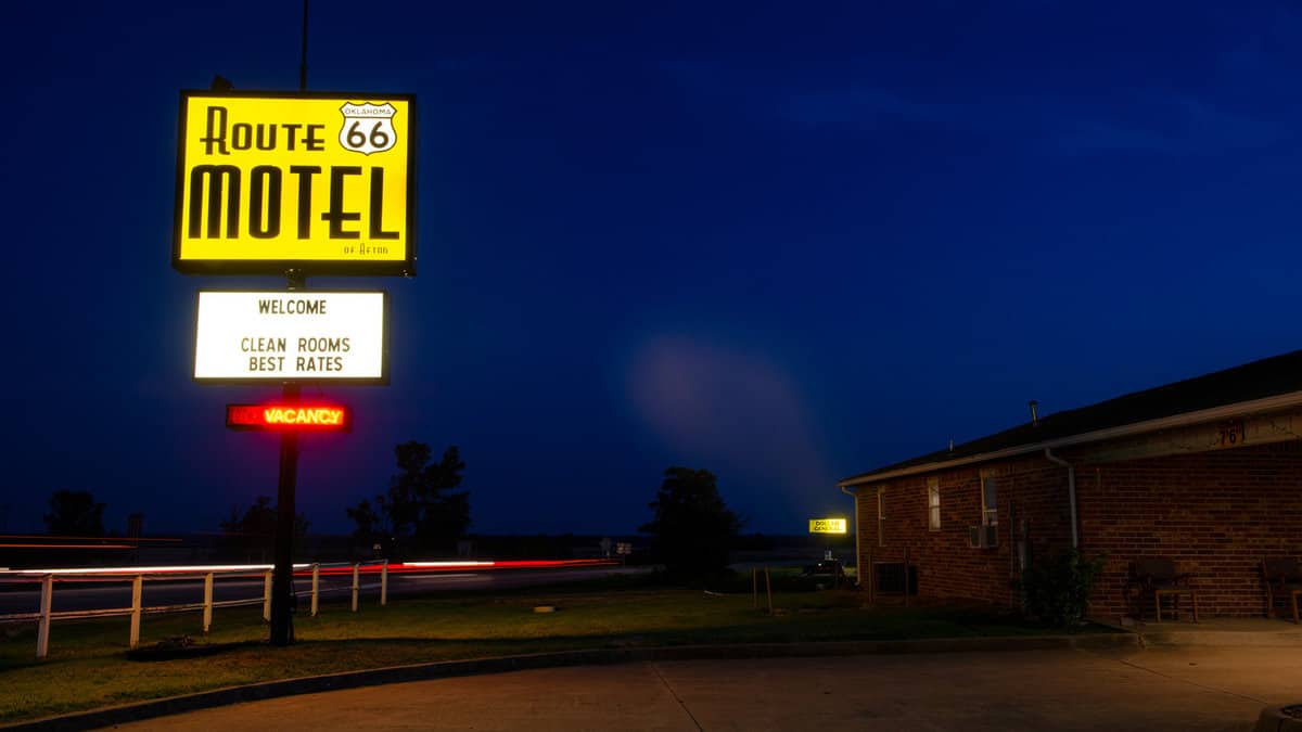 The neon sign for the Route 66 Motel at Afton, along the historic US route 66, in the State of Oklahoma, USA.