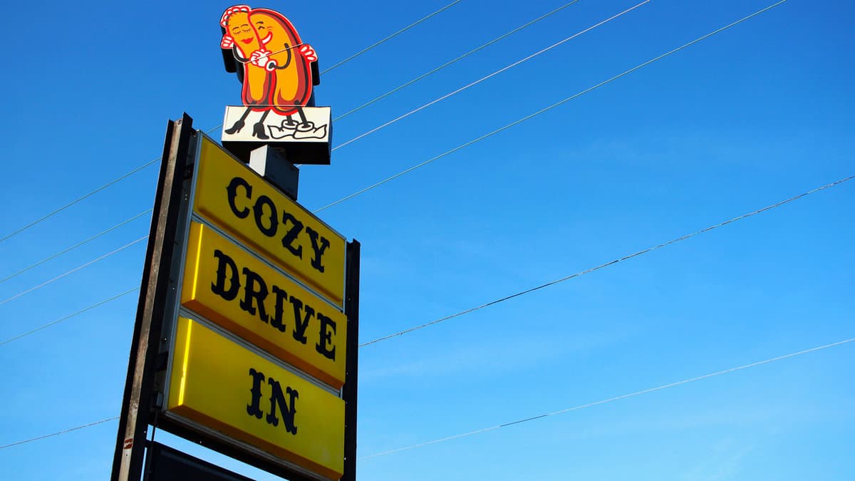 The rotating sign at the Cozy Dog Drive In, home of the original hot dog on a stick