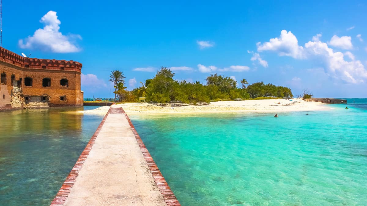 The tropical waters of the Gulf of Mexico surround Historic Fort Jefferson in the Dry Tortugas National Park known for its famous bird, marine life and great place for swimming and snorkeling
