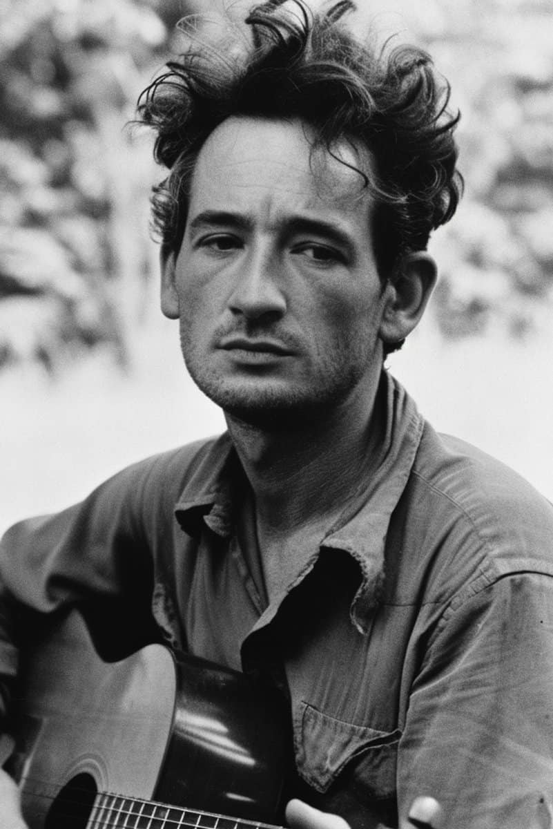 photo of Woody Guthrie playing a guitar