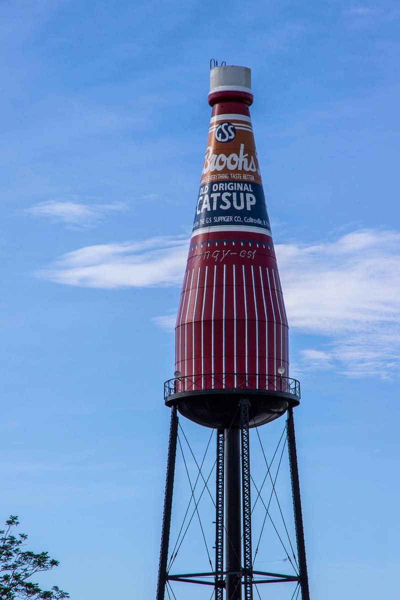 water tower decorated to look like ketchup bottle. The Brooks Catsup landmark is on the national historic landmark registry and promoted as the worlds largest.