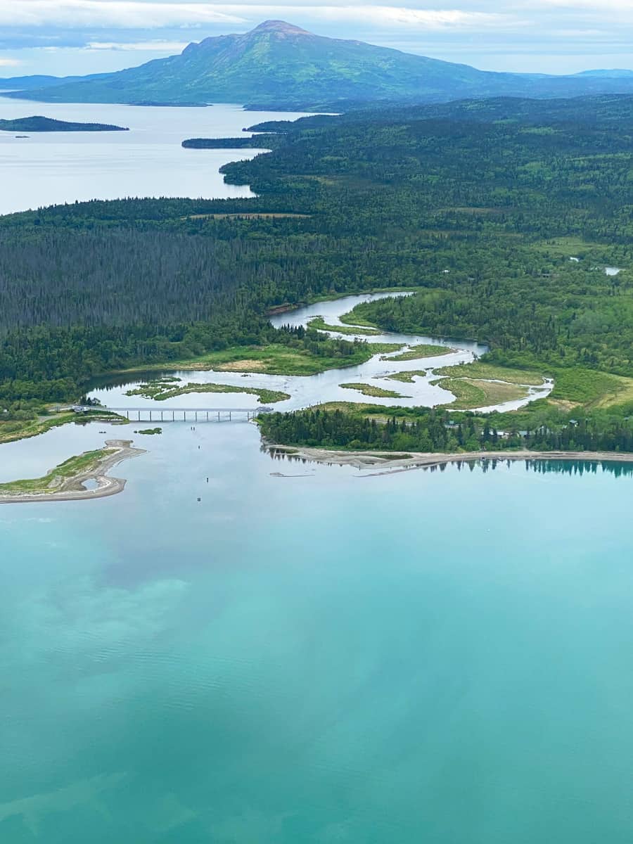 Aerial view of Brooks Camp, Katmai National Park and Preserve. Mouth of Brooks River, Naknek Lakeshore, Brooks Camp attracts people from all over the world to view brown bears