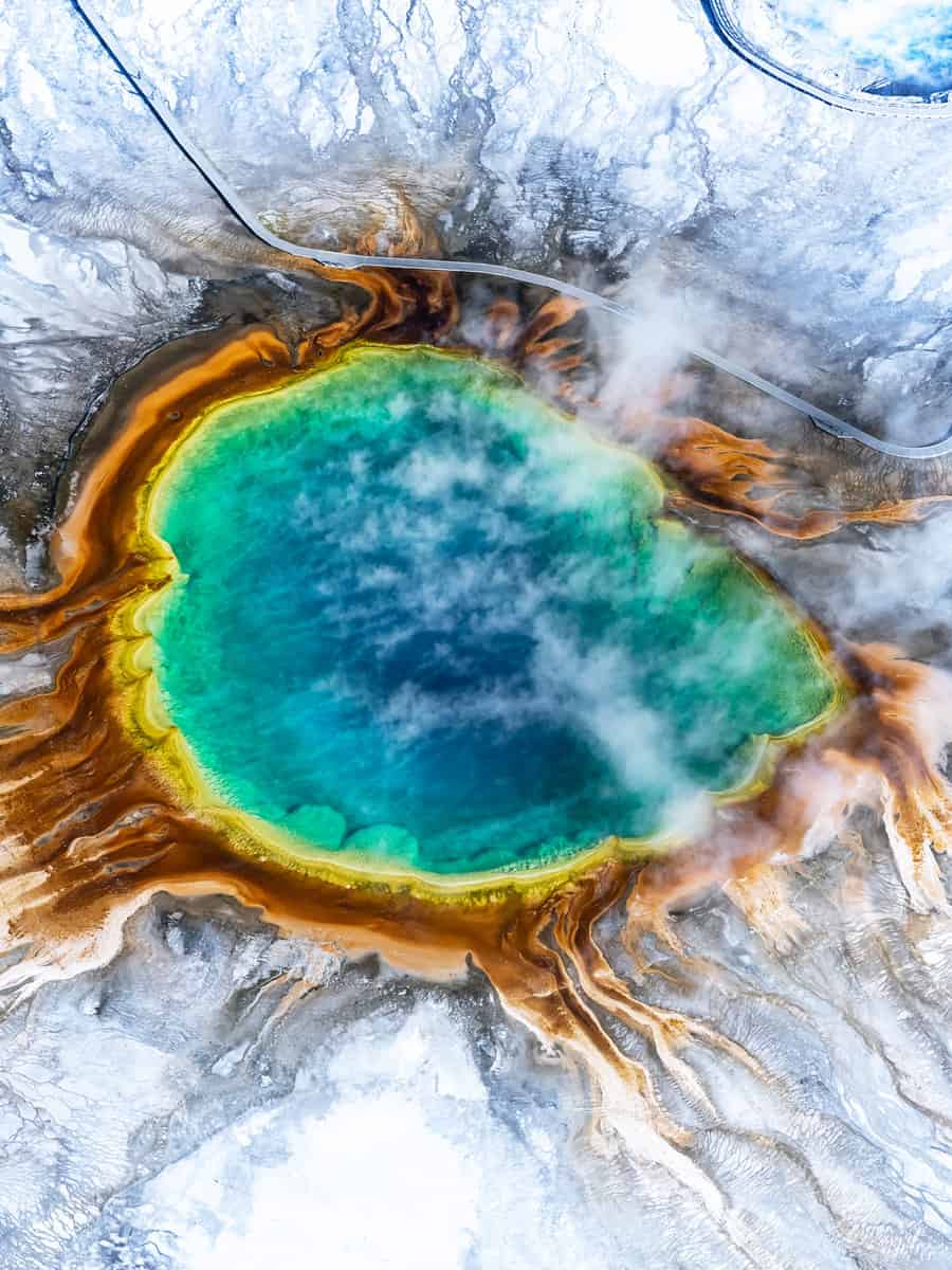 Aerial view of Grand prismatic spring in Yellowstone national park in Winter