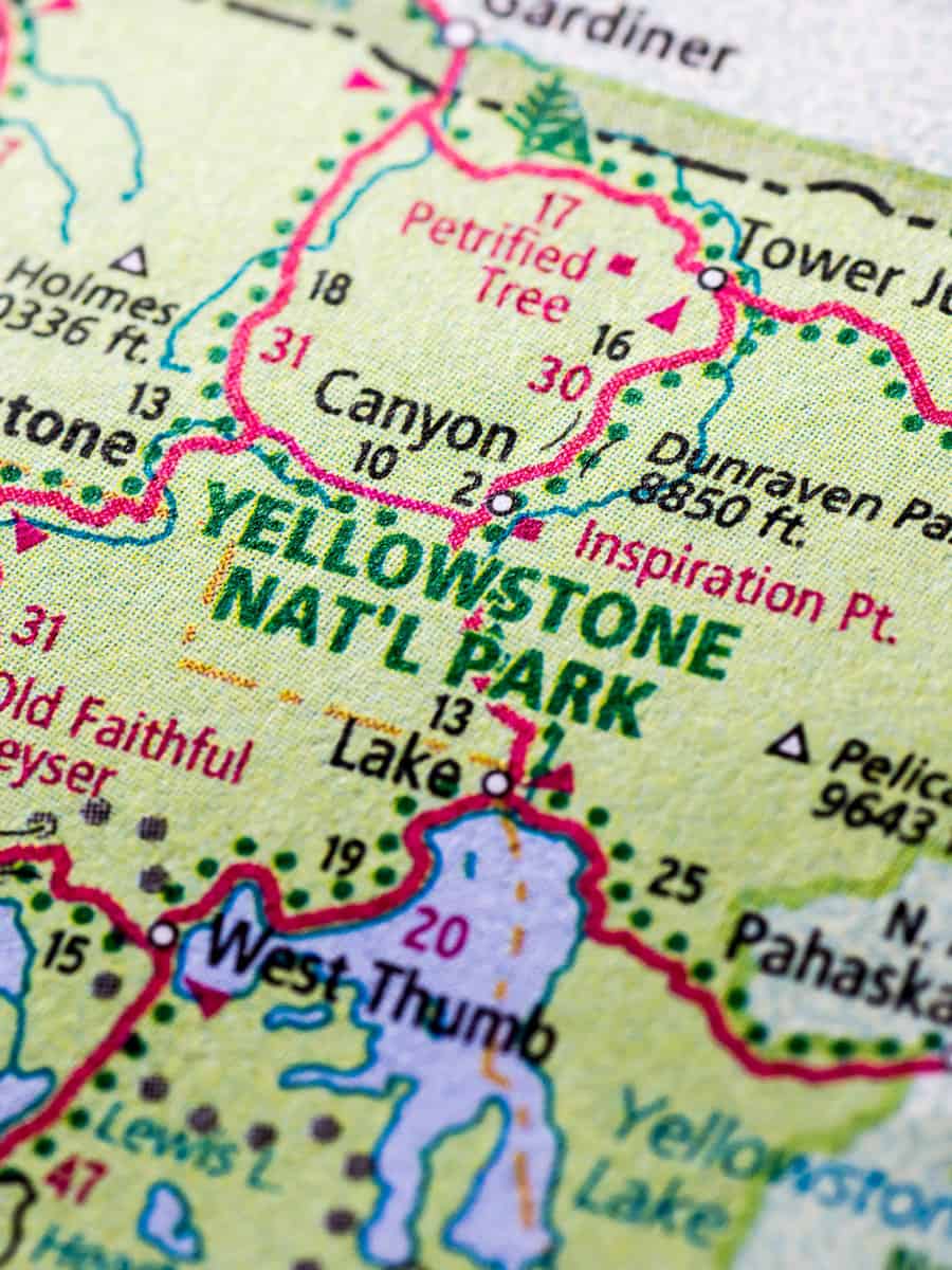 Close up of Yellowstone National Park on a map