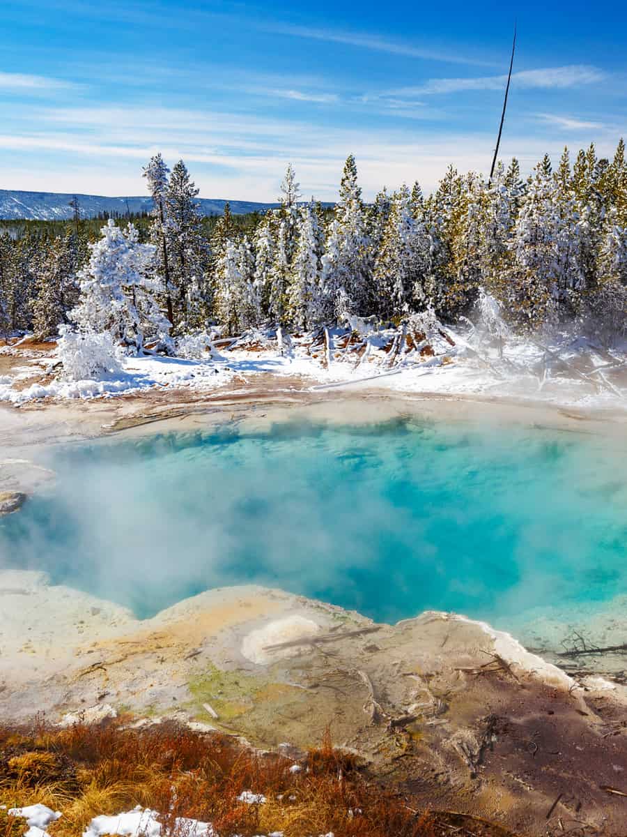 Emerald Spring at Norris Geyser Basin trail area, during winter in Yellowstone National Park