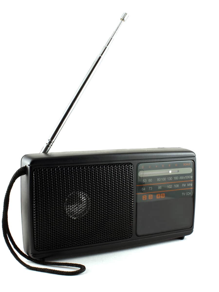 Pocket radio with antenna over white