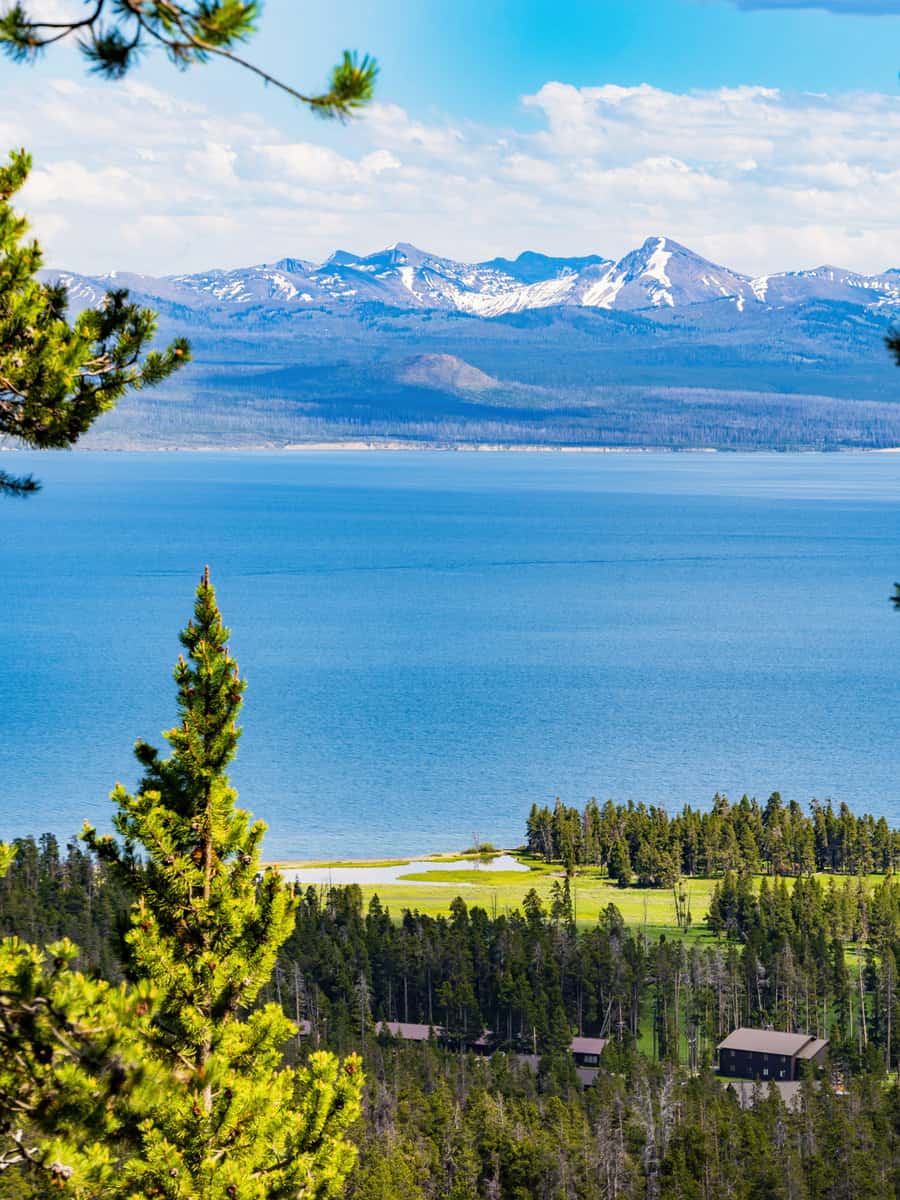 Sunny beautiful high angle view of the Yellowstone Lake landscape in Yellowstone National Park at Wyoming