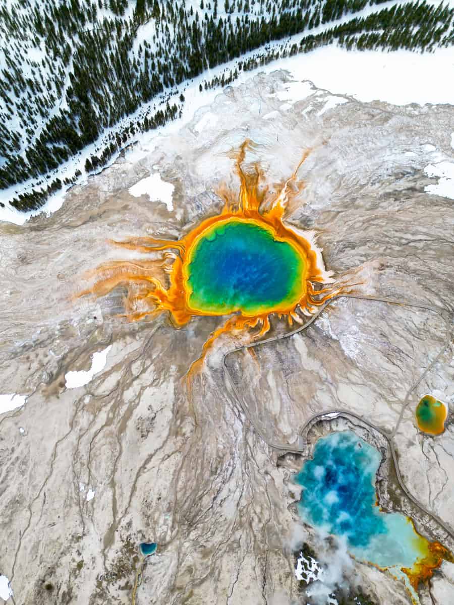 Top down Aerial 4K footage of Grand Prismatic Spring in Yellowstone National Park, Wyoming, USA
