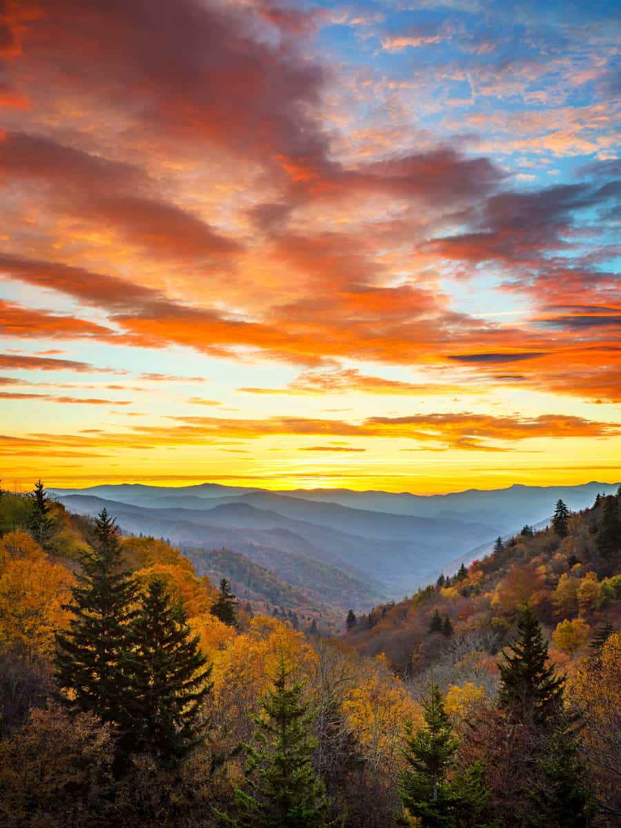 Autumn sunrise and dramatic sky over Oconaluftee overlook in the Smoky Mountains