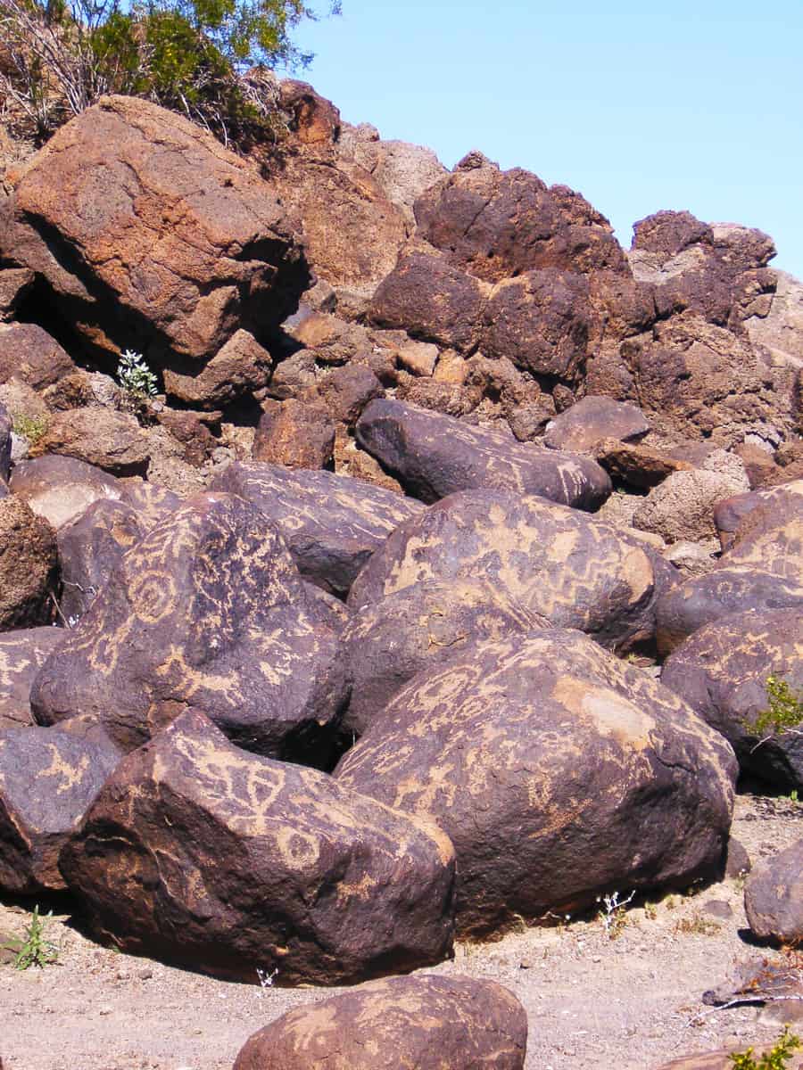 Large pile of rocks with petroglyphs at the Painted Rock Petroglyph Site in Arizona
