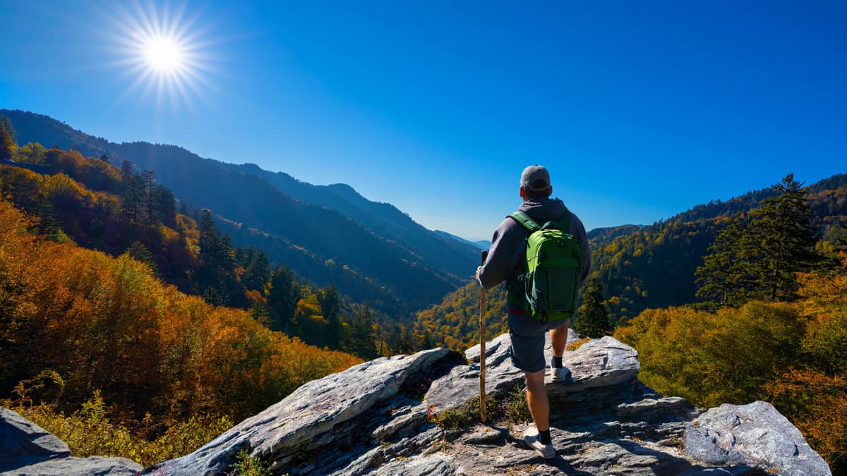Man hiker standing on top of the mountain enjoying beautiful fall scenery. Smoky Mountains National Park1600x900