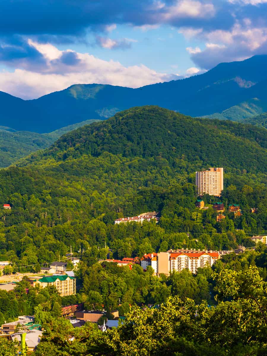 View of Gatlinburg, seen from Foothills Parkway in Great Smoky Mountains National Park, Tennessee.