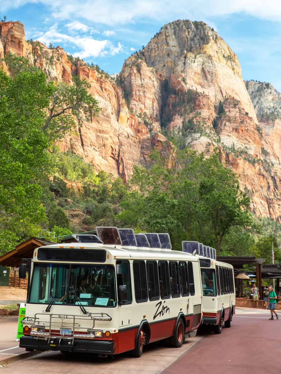 View of the Zion Shuttle, a propane powered courtesy bus for tourists visiting Zion National Park.
