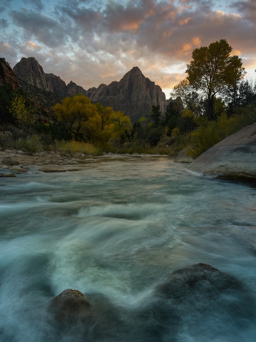 Virgin river with views to the watchman mountain located in Zion national park, Utah America.