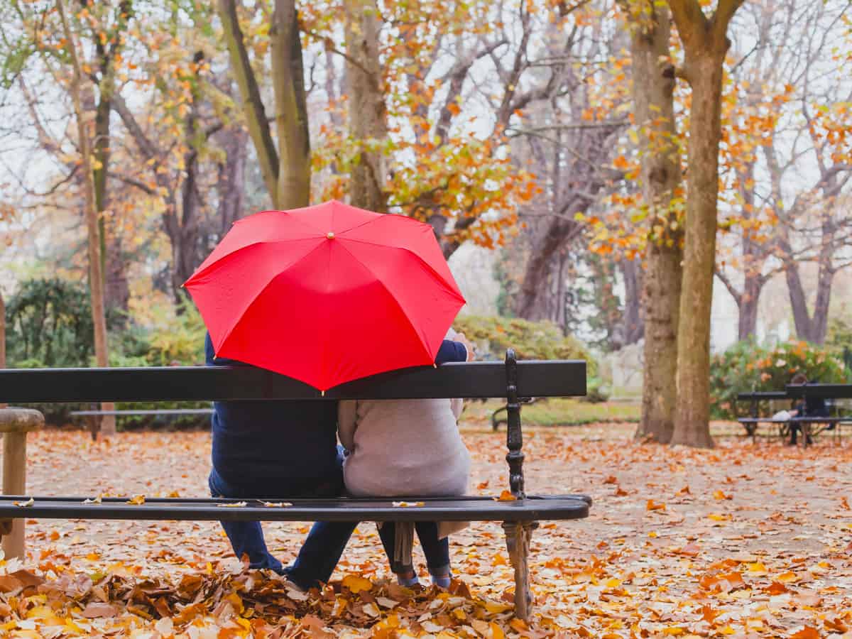couple under umbrella in autumn park