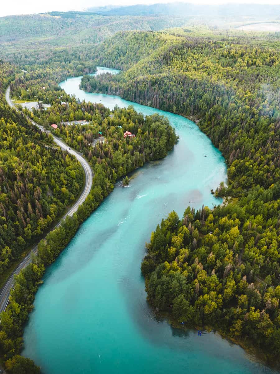 A vertical aerial view of the Kenai River flowing in a forest surrounded by lush nature in Alaska