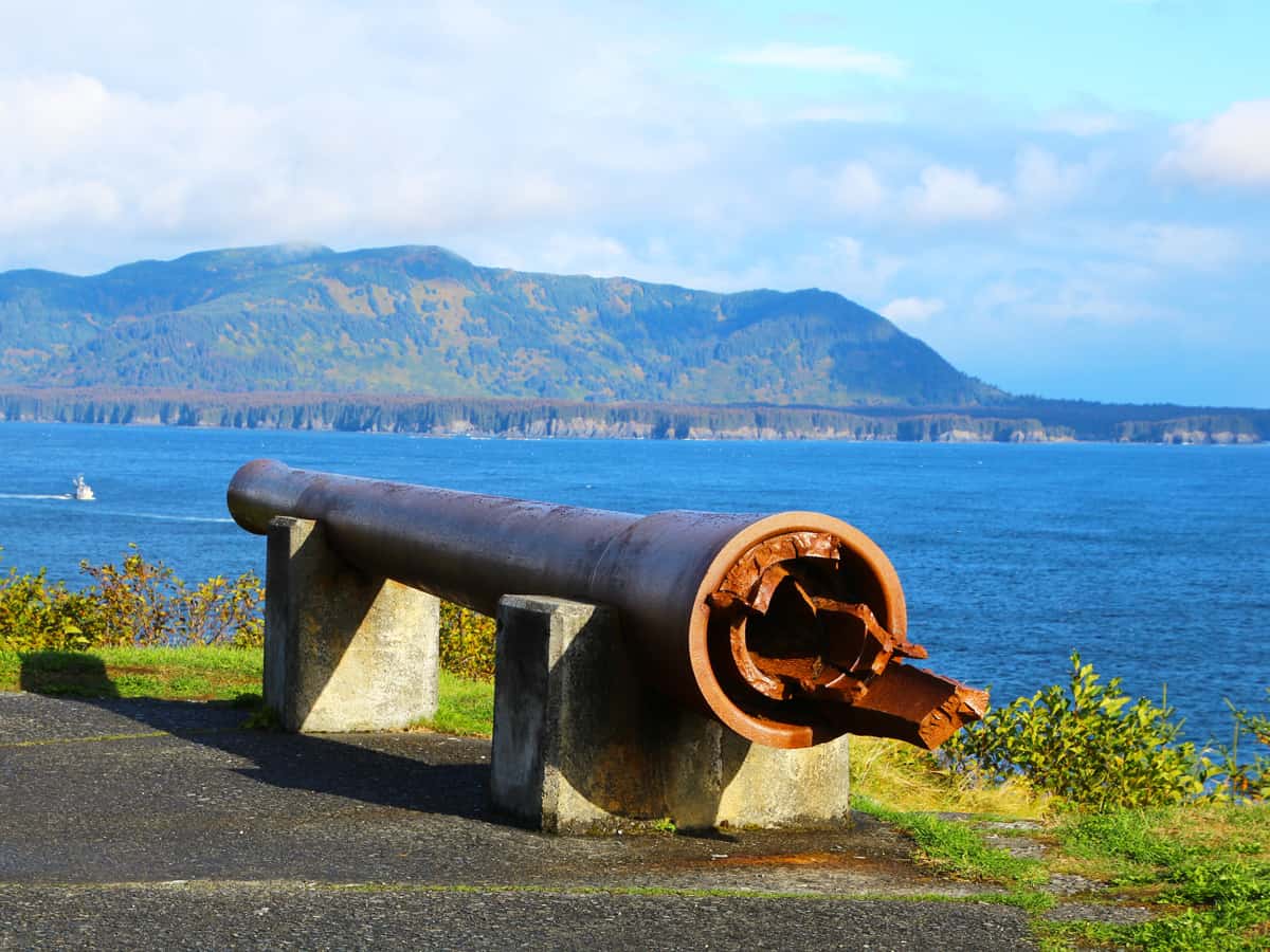 Alaska, Miller Point cannon at Fort Abercrombie State Historic Park on Kodiak Island. This is a WWII coastal defensive structure with two 8-inch guns.
