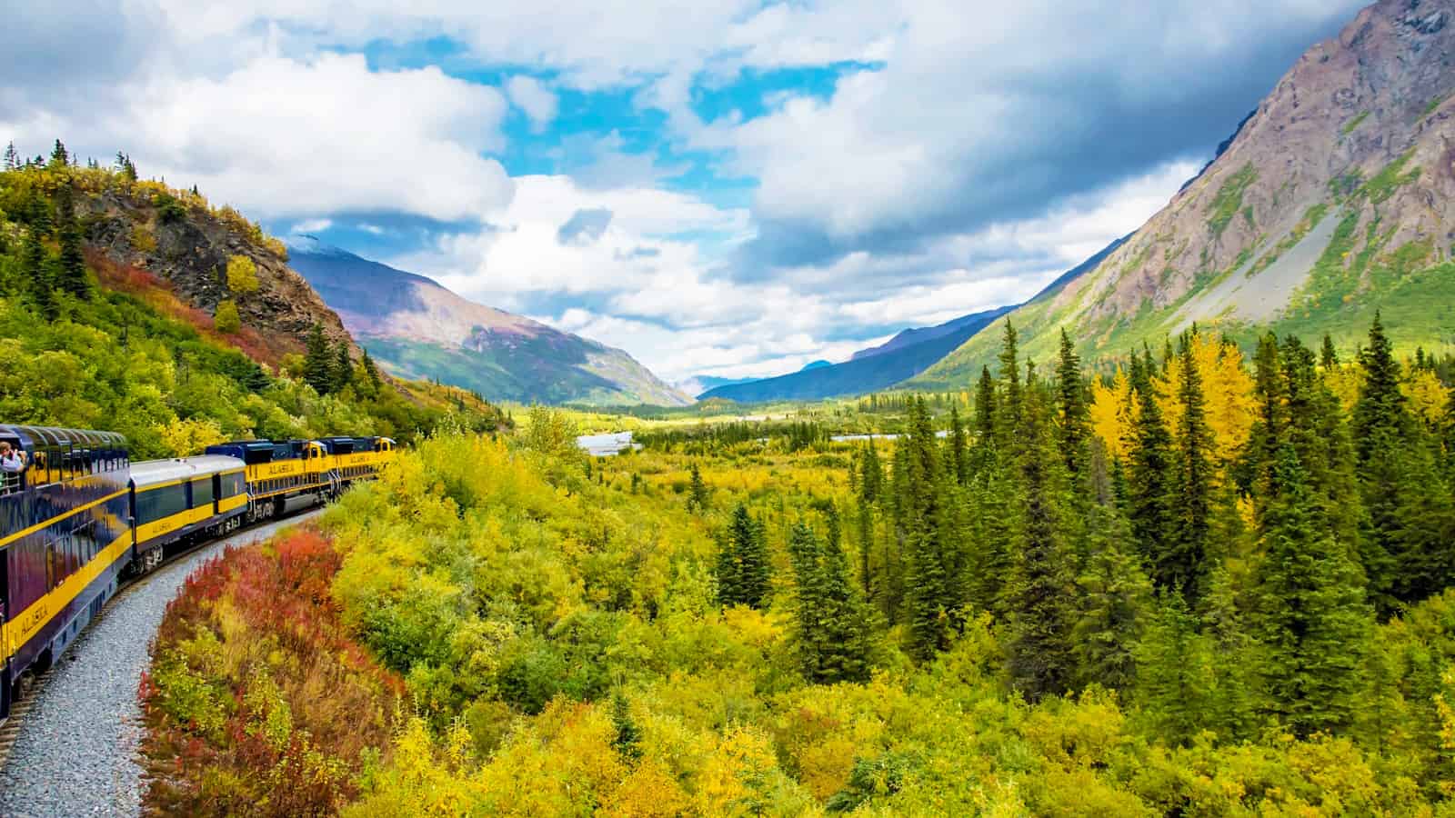 Alaska railroad traveling through beautiful autumn landscape and mountains 1600x900