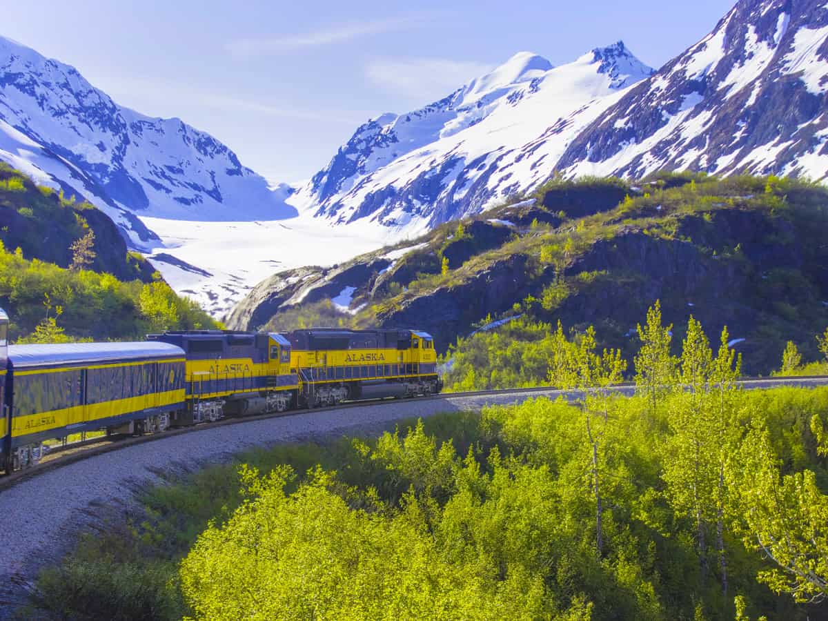 Alaskan Railroad train locomotive rounds a bend in front of a snow capped mountain and glacier showing yellow and blue livery on way to skagway